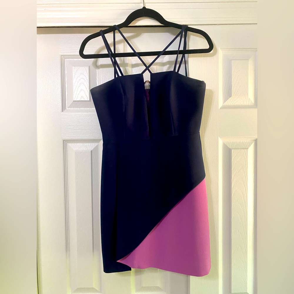 *NWT* BCBGMaxAzria Navy Cocktail Dress with Purple Peekaboo!